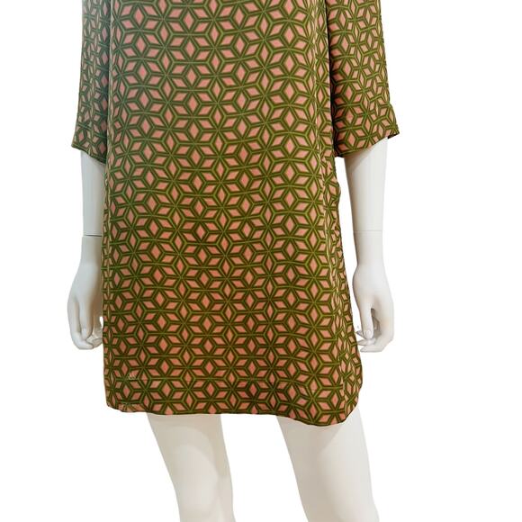 Fossil Pink Green Geometric Business Casual 3/4 Sleeve Shift Mini Dress, Small - Picture 4 of 12